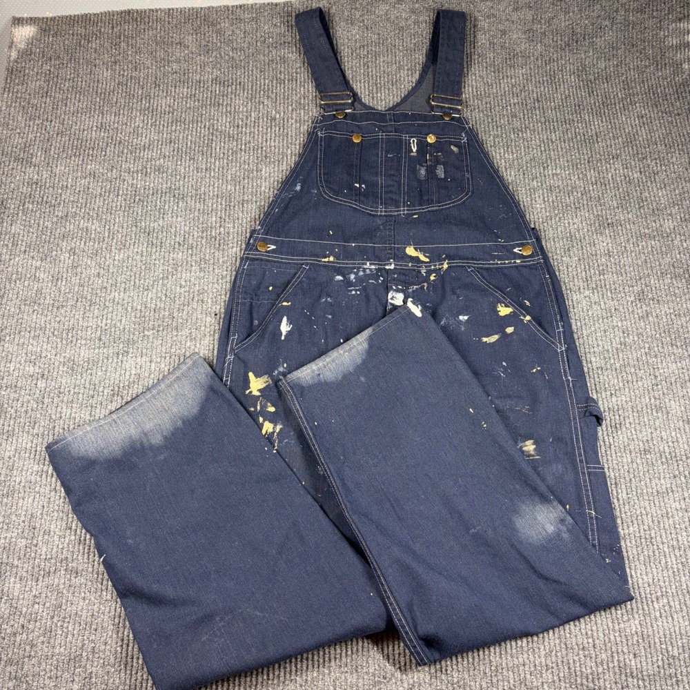 Sears Roebucks Mens Blue Denim Painter Overalls Paint Splatter Distressed 38x30
